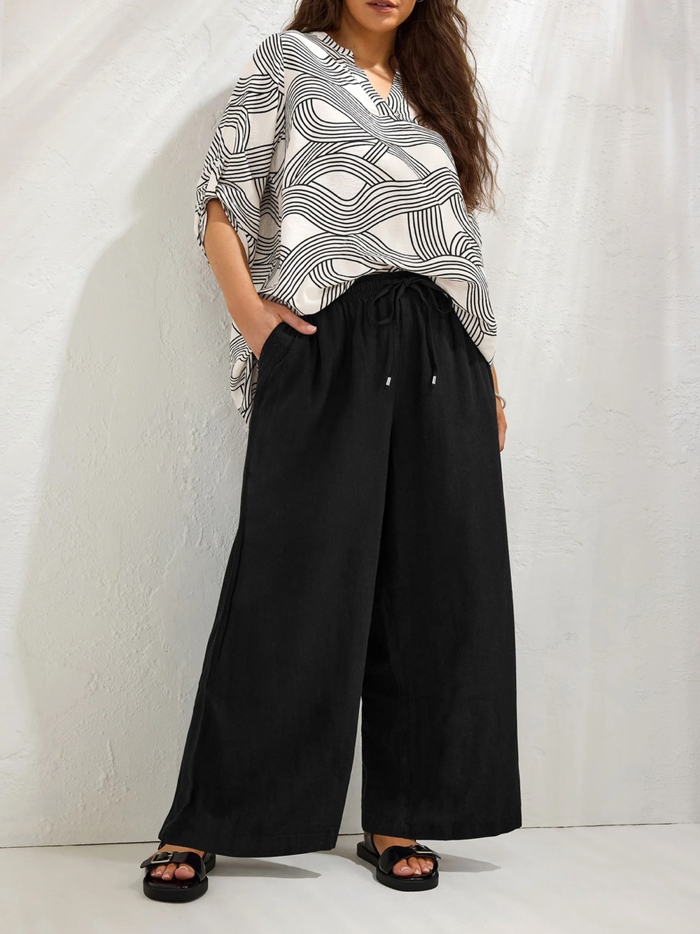 EVANS Curve Black Wide Leg Premium Linen Trousers 24